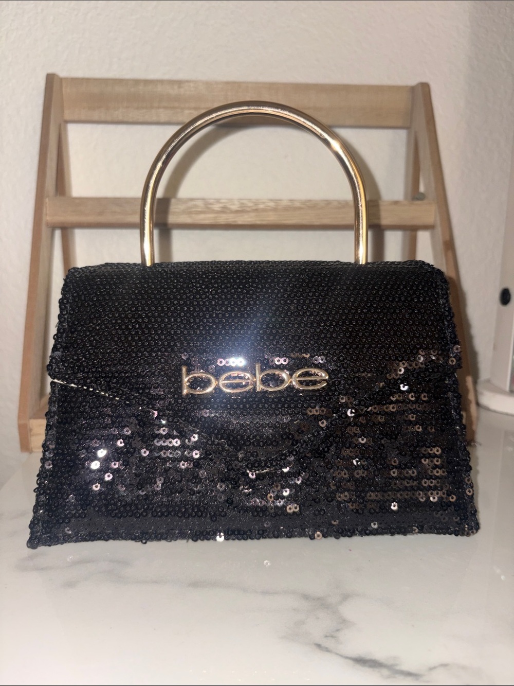 bebe Black Sequin Top-Handle Mini Bag with Gold Hardware